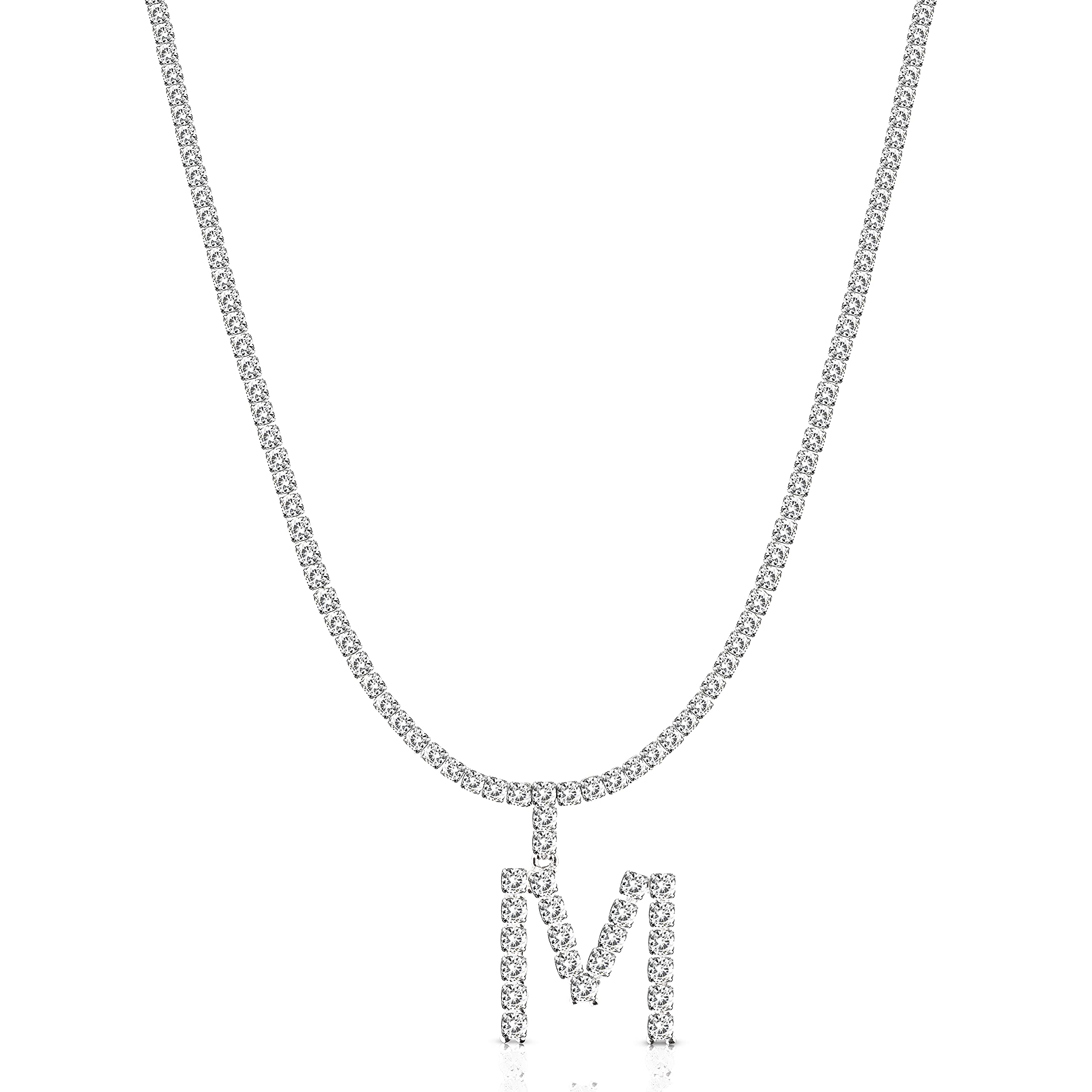 M-zoneA-Z Personalized Initial Diamond Letter Pendant Necklace and Tennis Chain Choker White Gold Tone Cubic Zirconia Bling 3MM