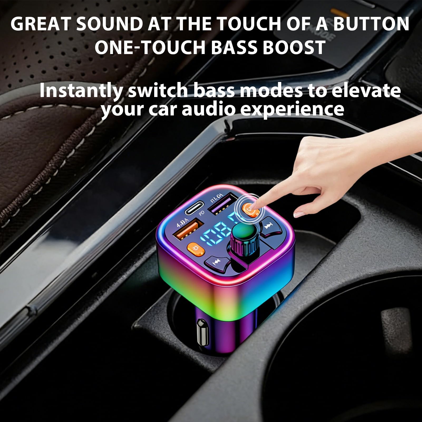 Bluetooth Car Adapter, Q5 FM Wireless Bluetooth Transmitter, PD20W Fast Charger, Dual USB Ports (4.8A & 1A), Hands-Free Calling, USB Flash Drive, for Phone & Android[Light Switch] — view 4