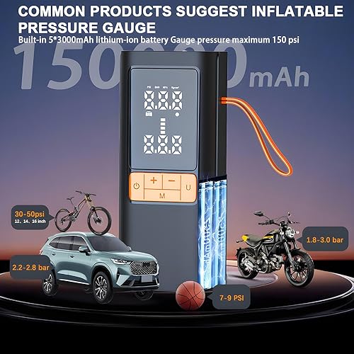 Miniatura 6 de MU-002 Compresor de aire portátil para neumáticos de automóvil - Inflador rápido de neumáticos de 150 PSI con batería de 15000 mAh y luz LED,