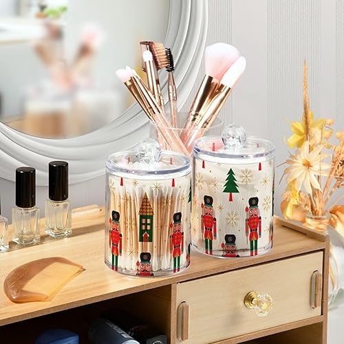 Miniatura 6 de SDMKA Paquete de 2 tarros de boticario para baño, cascanueces de Navidad, dispensador de plástico transparente con tapa para bolas de algodón,