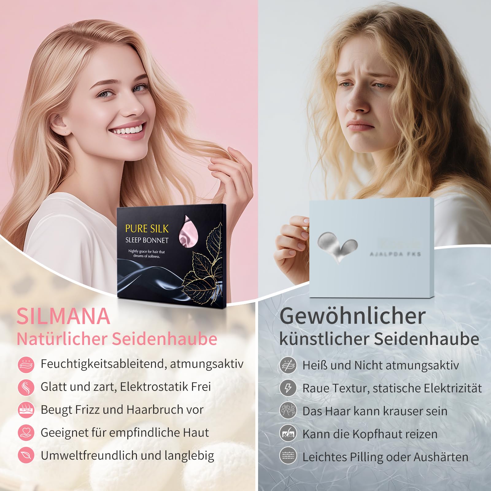 Seidenhaube zum Schlafen, Schlafhaube Seide aus 100% Maulbeerseide, 22 Momme Bonnet Seide Doppellagig & Wendbar, Anti Frizz Haarschutz für Alle Haartypen