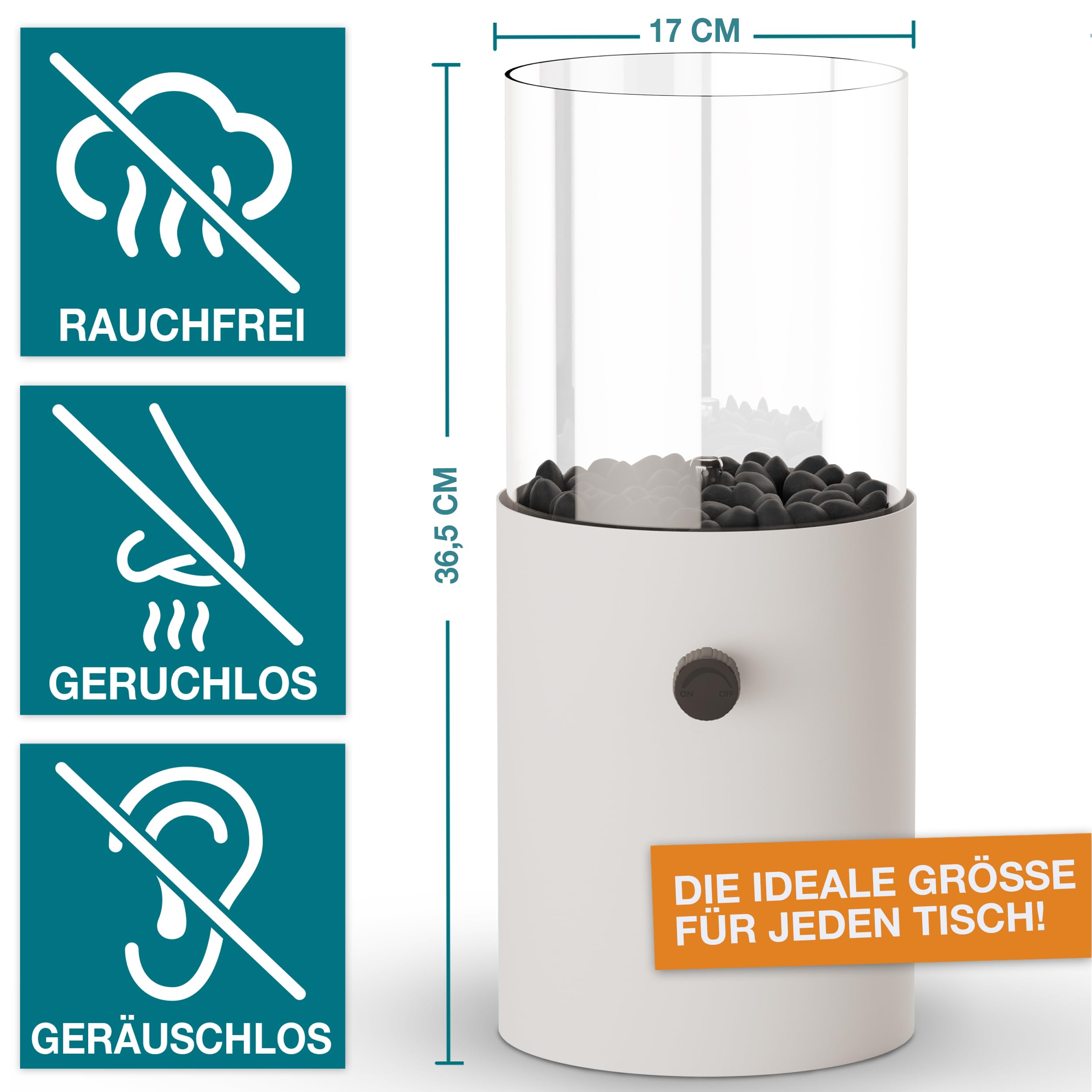 TOM Innovation XXL Gas Tischkamin - 12 Stunden Brenndauer für Indoor & Outdoor – Tisch Kamin Set– Tischfeuer mit Deko-Steinen – Plus 3X 190 g Stechgaskartusche