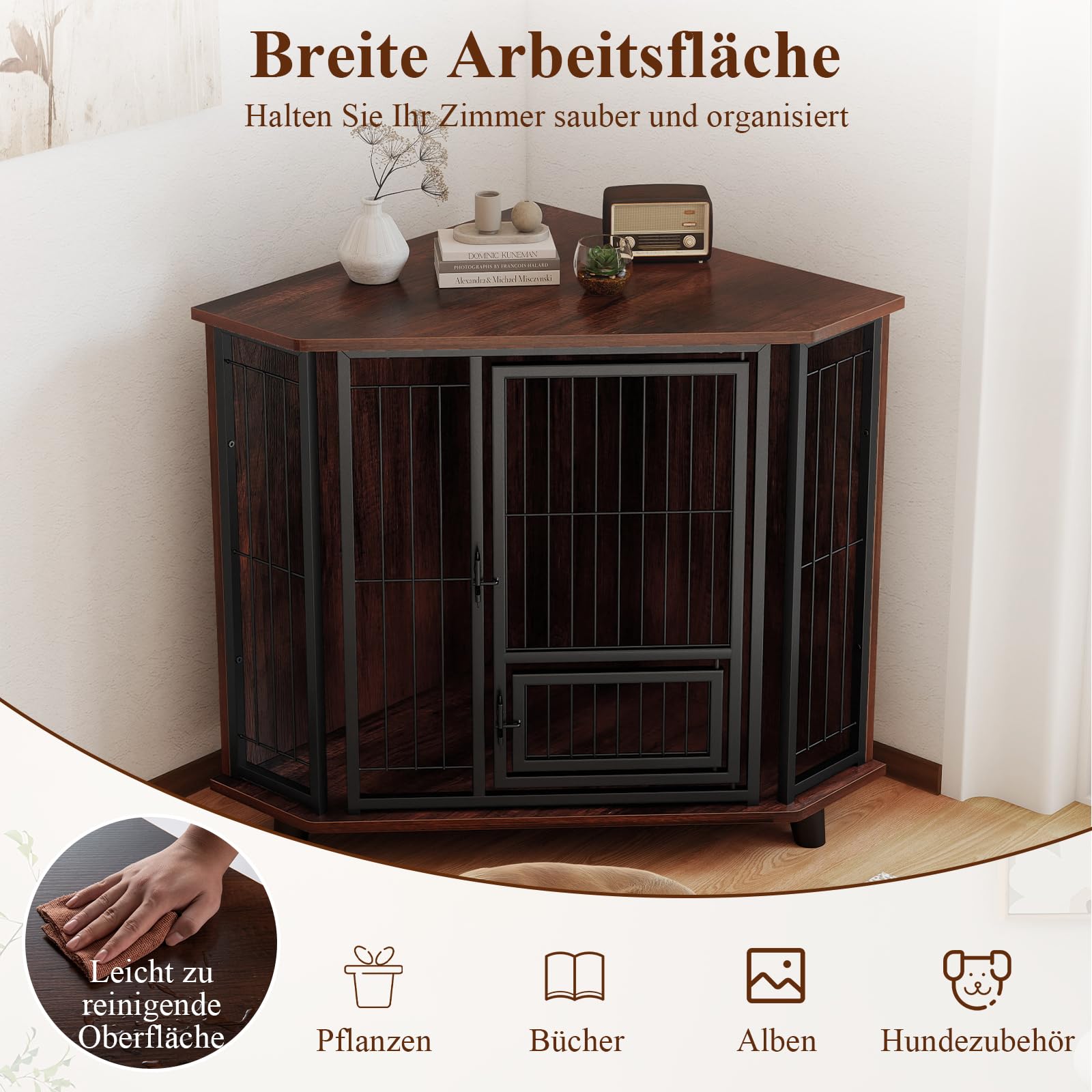 COSTWAY Eck Hundekäfig Möbel, Hundehütte mit abschließbarer Tür & 3 Holzbeinen, Hundebox aus Holz und Metall, für kleine mittelgroße Hunde, Indoor, Braun, 60 x 60 x 71,5 cm