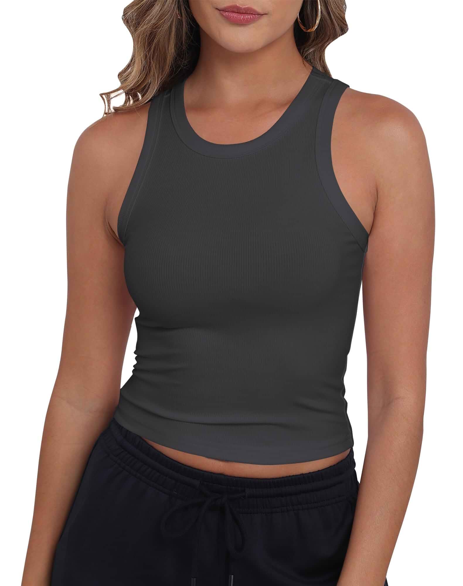 GEMBERA Womens Sleeveless High Neck Racerback Ribbed Knit Fitted Basic Cropped Tank Top Fitted