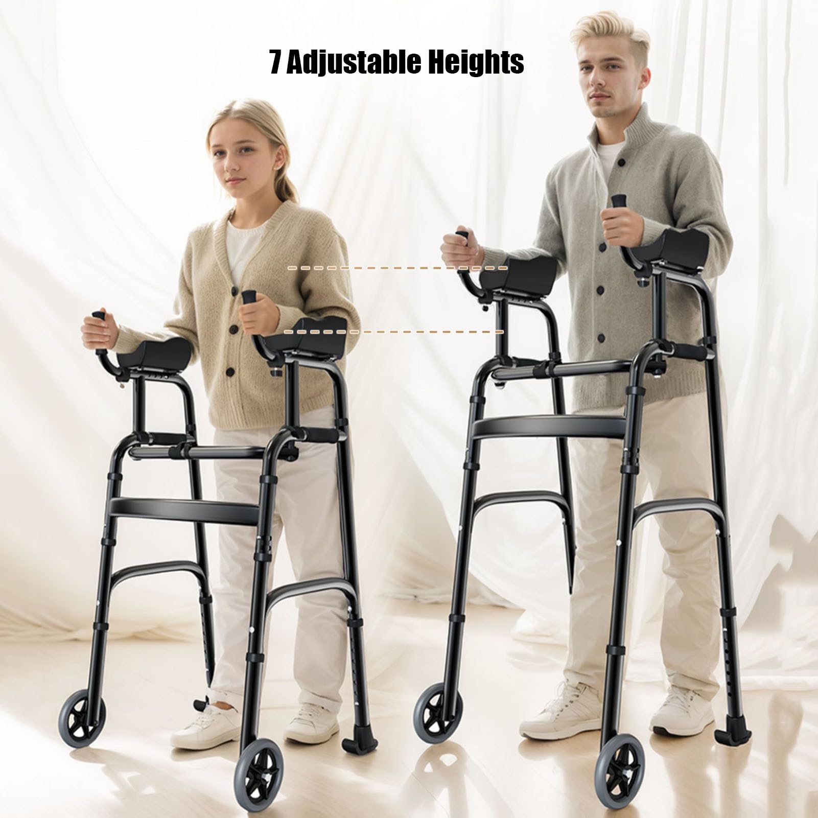 Andador Plegable Ancianos con 2 Ruedas, Andador Estándar Ajustable en Altura de Aluminio, Ayuda Portátil para Adultos para Discapacitados, Resistente y Cómodo
