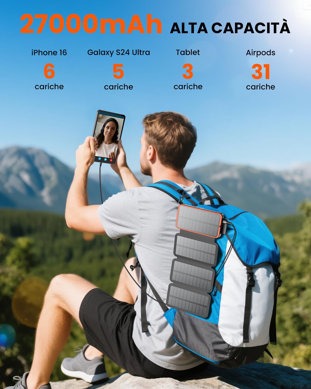 Caricatore Solare 27000mAh Power Bank Wireless - 22,5W Ricarica Rapida USB-C Batteria Esterna con Tre Uscite USB PD 4.0 QC 3.0 e 4 Pannelli Solari per Smartphone Tablet (Arancione)