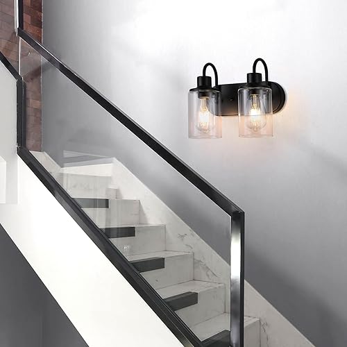 Miniatura 7 de Lámpara de baño negra mate sobre espejo, lámpara de tocador de baño de 2 luces con pantalla de vidrio transparente, apliques de pared modernos de