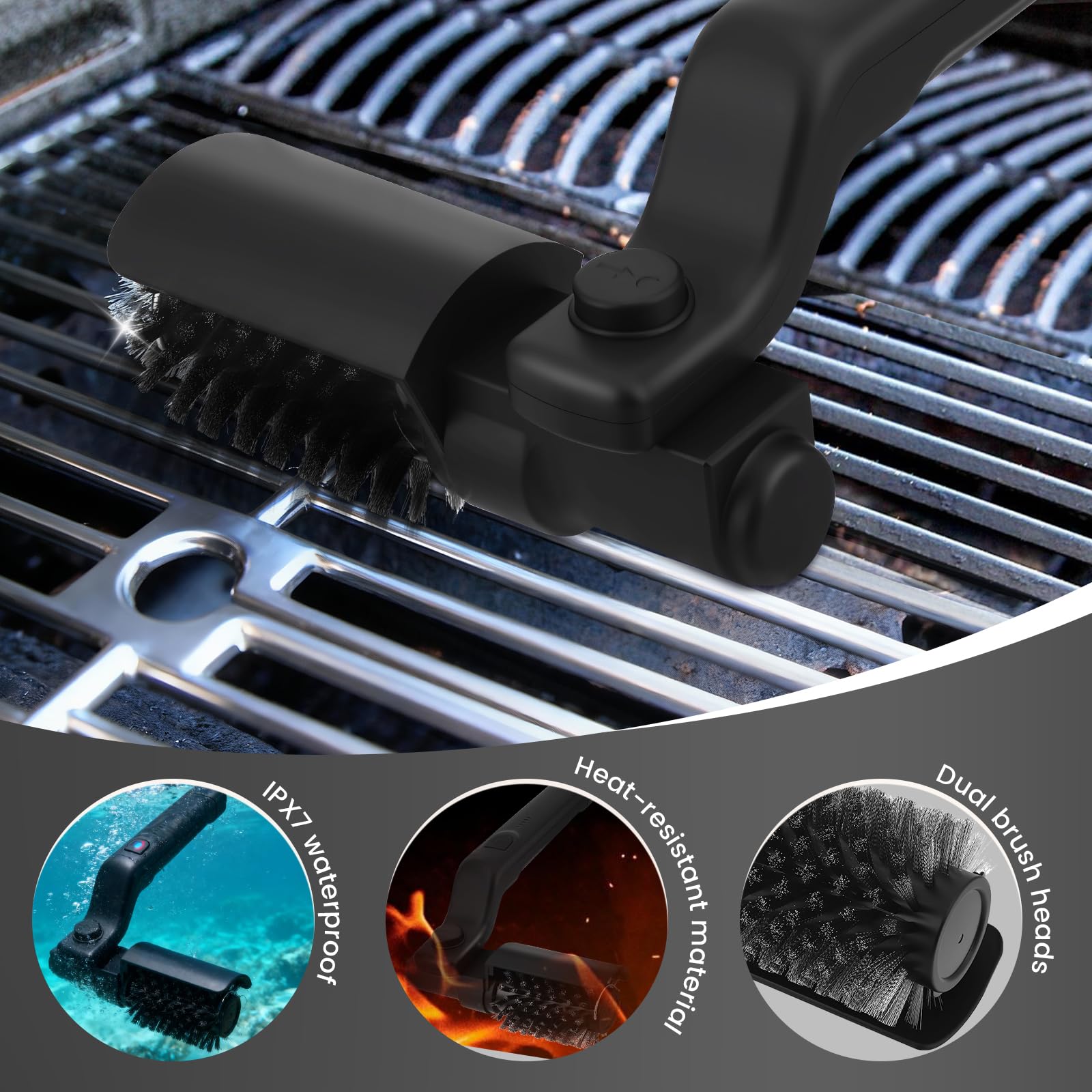 Spazzola elettrica per barbecue a batteria con 3 livelli di pulizia, indicatore batteria a 5 livelli, testa regolabile a 180°, testina in acciaio inox, impermeabile, durata, resistente alle
