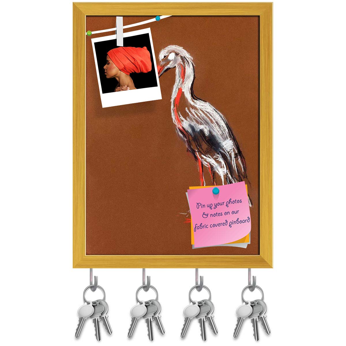 ArtzFolio Stork Key Holder Hooks | Notice Pin Board | Golden Frame 8 X 10.6Inch