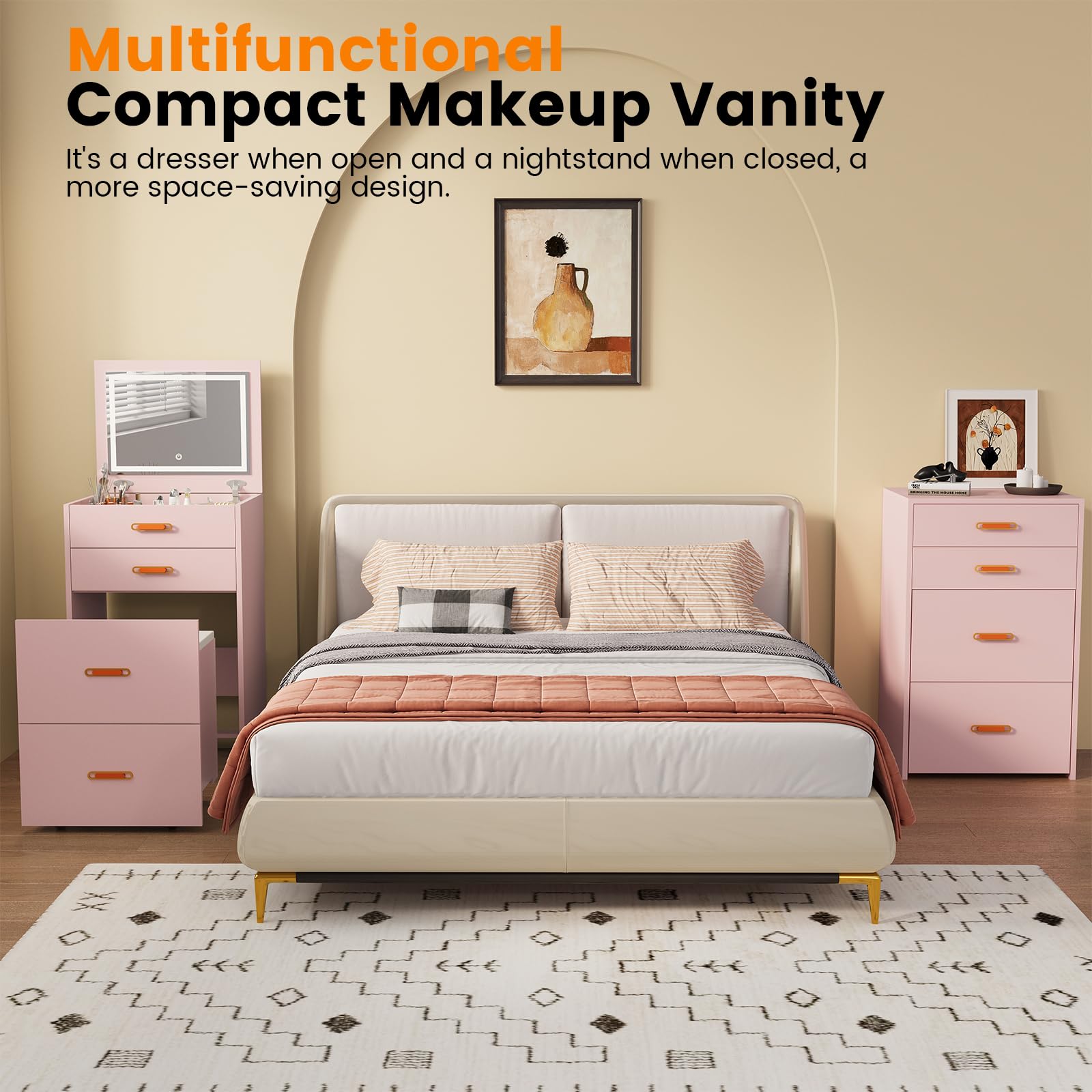 Garvee Tocador Moderno 3 en 1 para Dormitorio - 3 cajones amplios - Mesa de Maquillaje Multifuncional - Diseño Elegante para el hogar - Color Rosa