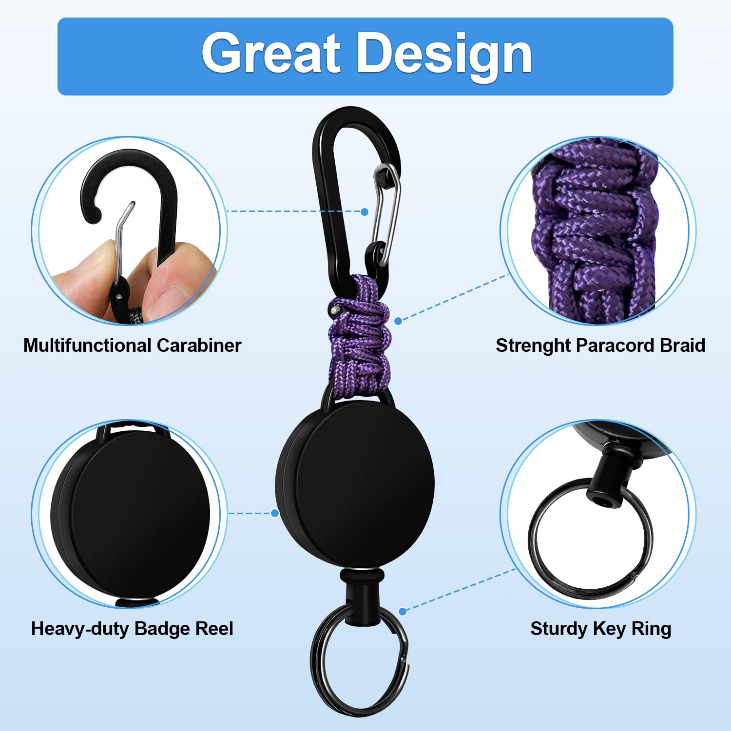Retractable Keychain 3 Pack Heavy Duty Carabiner Badge Holder Extendable Badge Reel ID Holder Key Ring with 60 cm Steel Retractable Cord and Paracord