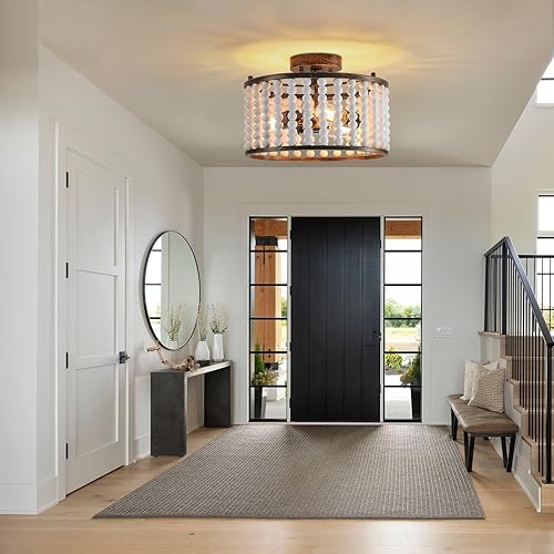 Miniatura 6 de Lámpara de techo semiempotrada con cuentas de madera bohemia con acabado blanco rústico para dormitorio, cuarto de bebé, habitación de niñas,