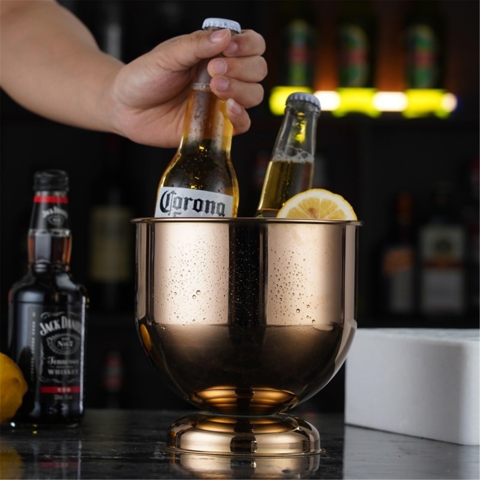 Cubitera de Acero Inoxidable Reforzado, diseño Creativo for encimera, Ideal for champán y Vino Tinto para Botellas de Vino o champán(Negro,Pequeño)