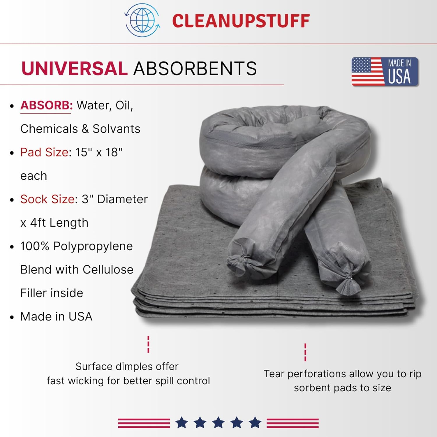 Original Bucket Spill Kit - Universal Absorbents & 5-Gallon Yellow Bucket - Spill Pads & Absorbent Socks for Water, Oil Spill Clean Up and More - Absorb 5 Gallons of Fluid (Made in USA)