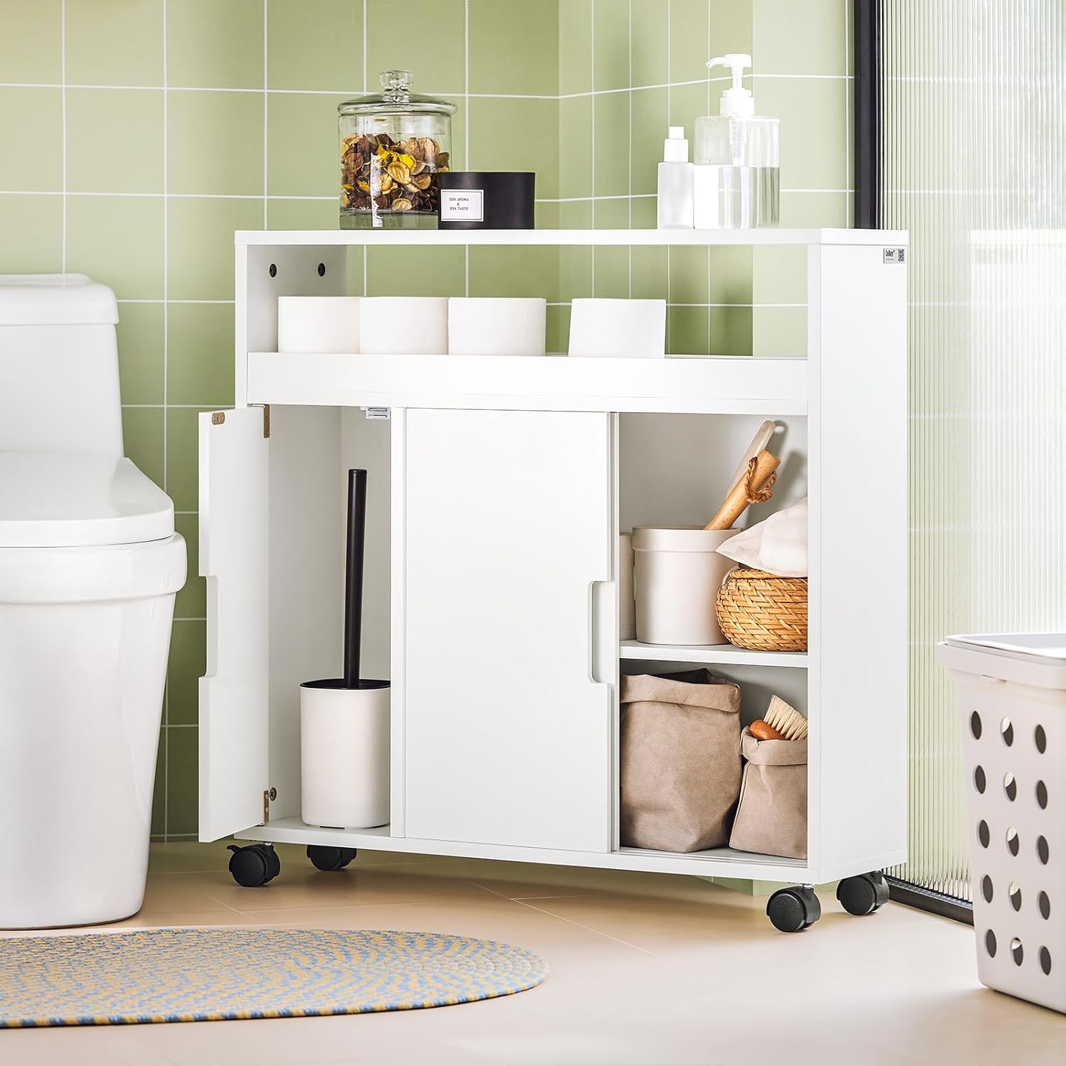 SoBuy Next to Toilet on Wheels, Compact Bathroom Storage Cabinet, Slim Toilet Paper and Holder Storage for Narrow Space, White, BZR02-W