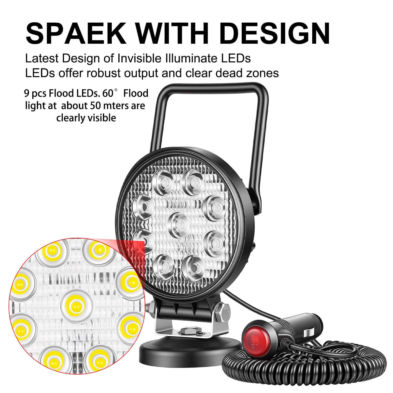 RIGIDON Przenośna podstawa magnetyczna okrągła lampa robocza LED, 10 cm 27 W, wiązka powodziowa, 12 V 24 V, lampa do samochodów terenowych, ciężarówek, 4 x 4 SUV, ATV, ciągników, koparek, 6000 K,