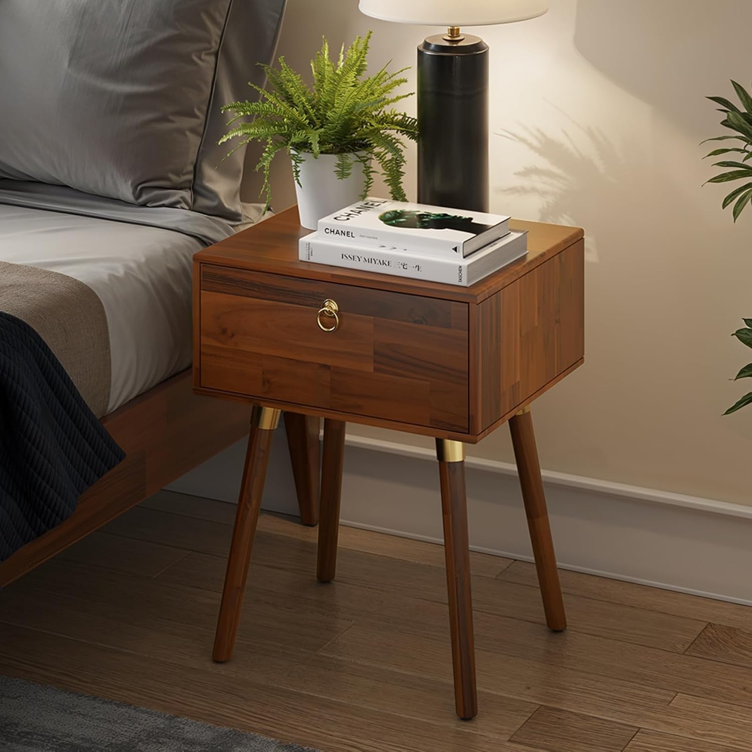 Bme Alden Solid Wood Nightstand/Side Table/End Table, Fully Assembled, with 1-Drawer for Mid Century Bedroom and Living Room, (12mm), Dark Chocolate