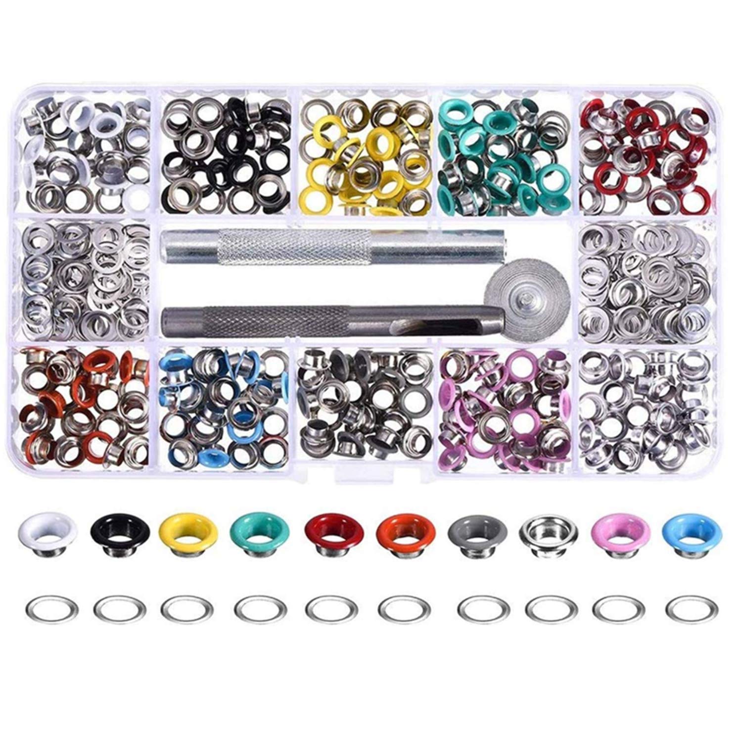 Amazon Co Jp Likenny 両面ハトメの玉 大容量 10色 ランダム 約400セット カラフル 鳩目 真鍮 穴径5mm リベット カバン 靴 ベルト 飾り用 手芸用品diy ハンドメイド材料 収納ケース付き ホビー