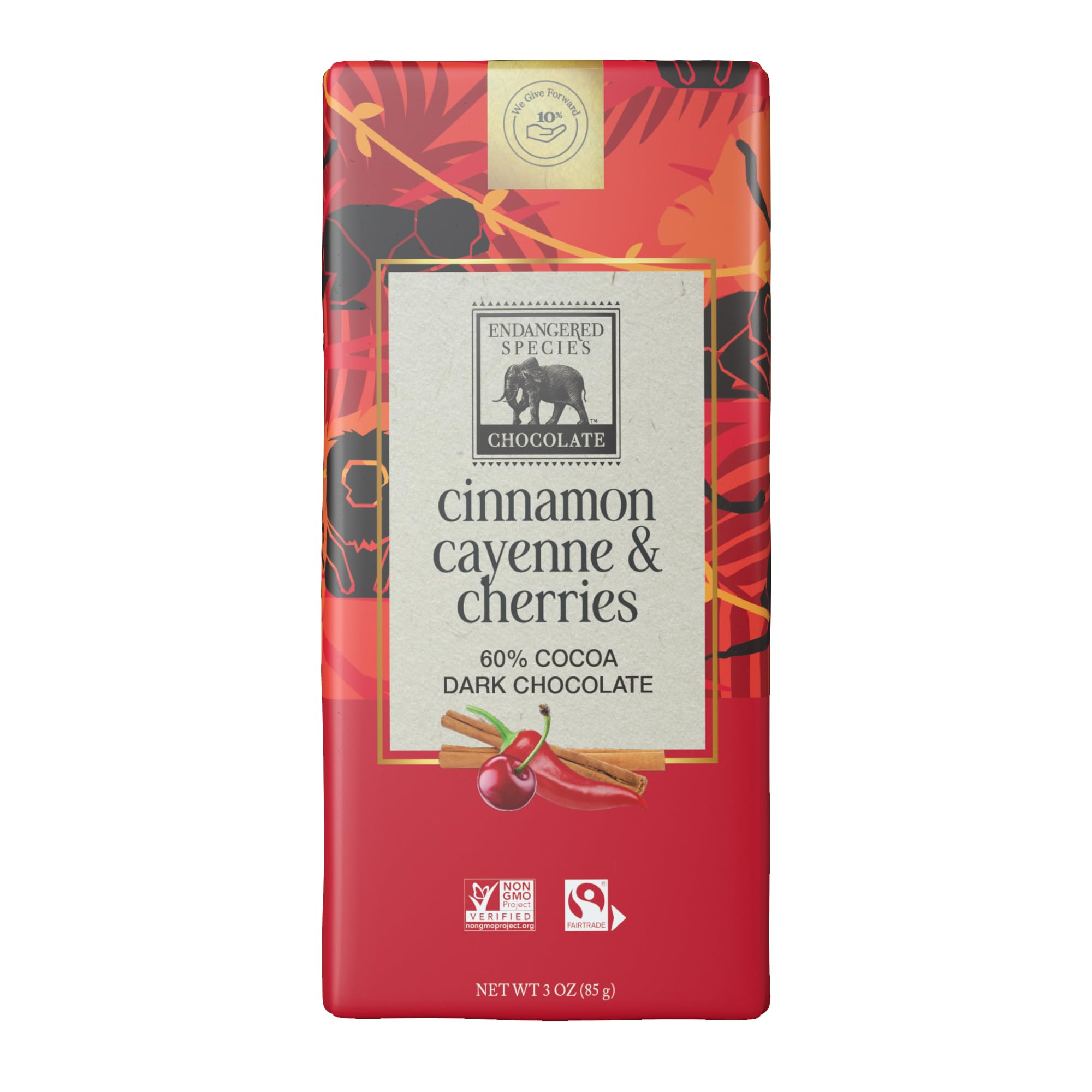 Endangered Species Dark Chocolate Bar with Cinnamon, Cayenne & Cherry (60% cocoa)