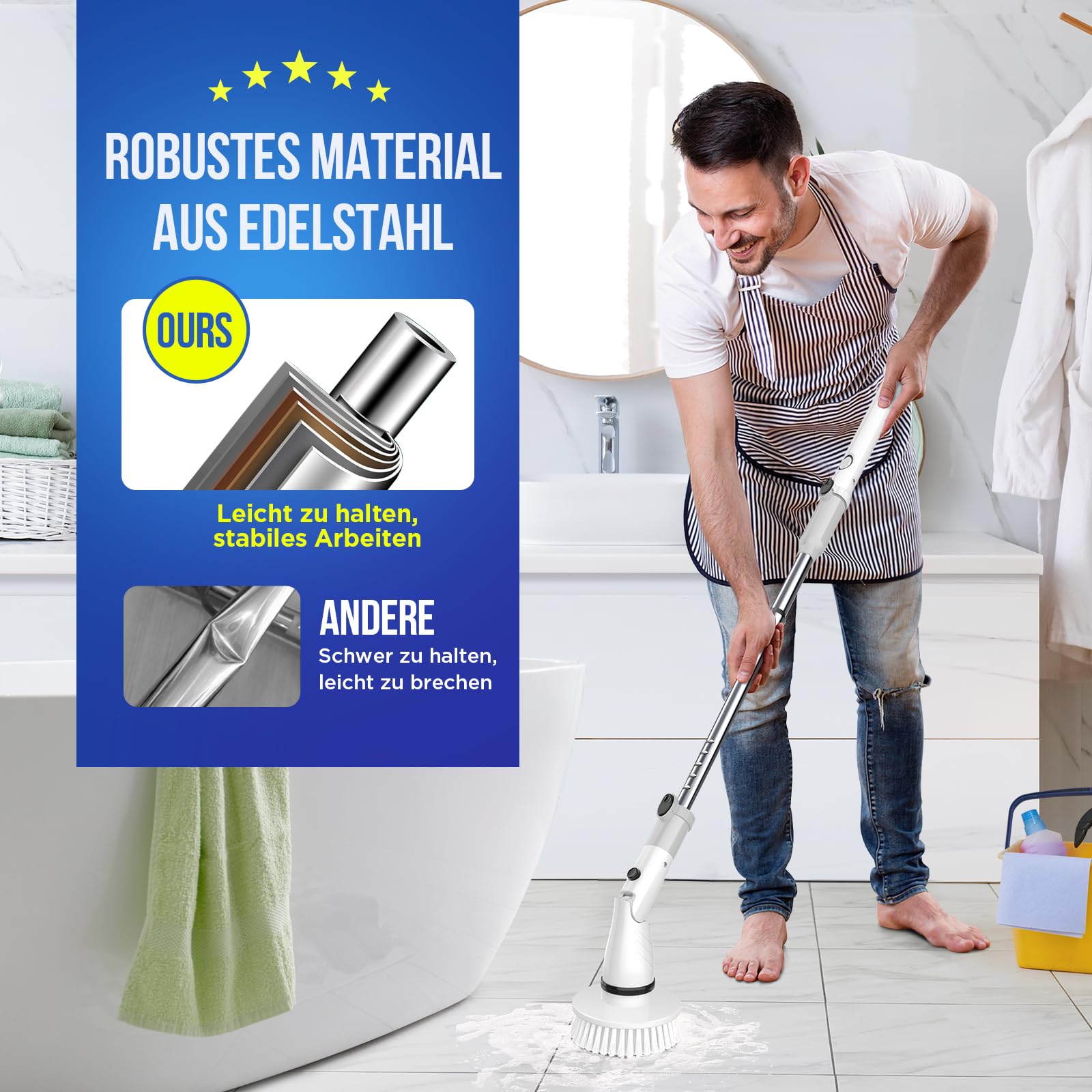 Elektryczna szczotka czyszcząca Spin Power Scrubber - bezprzewodowa z 4 wymiennymi głowicami wiertarskimi i regulowanym uchwytem do czyszczenia podłóg z płytek ceramicznych w kuchni i łazience