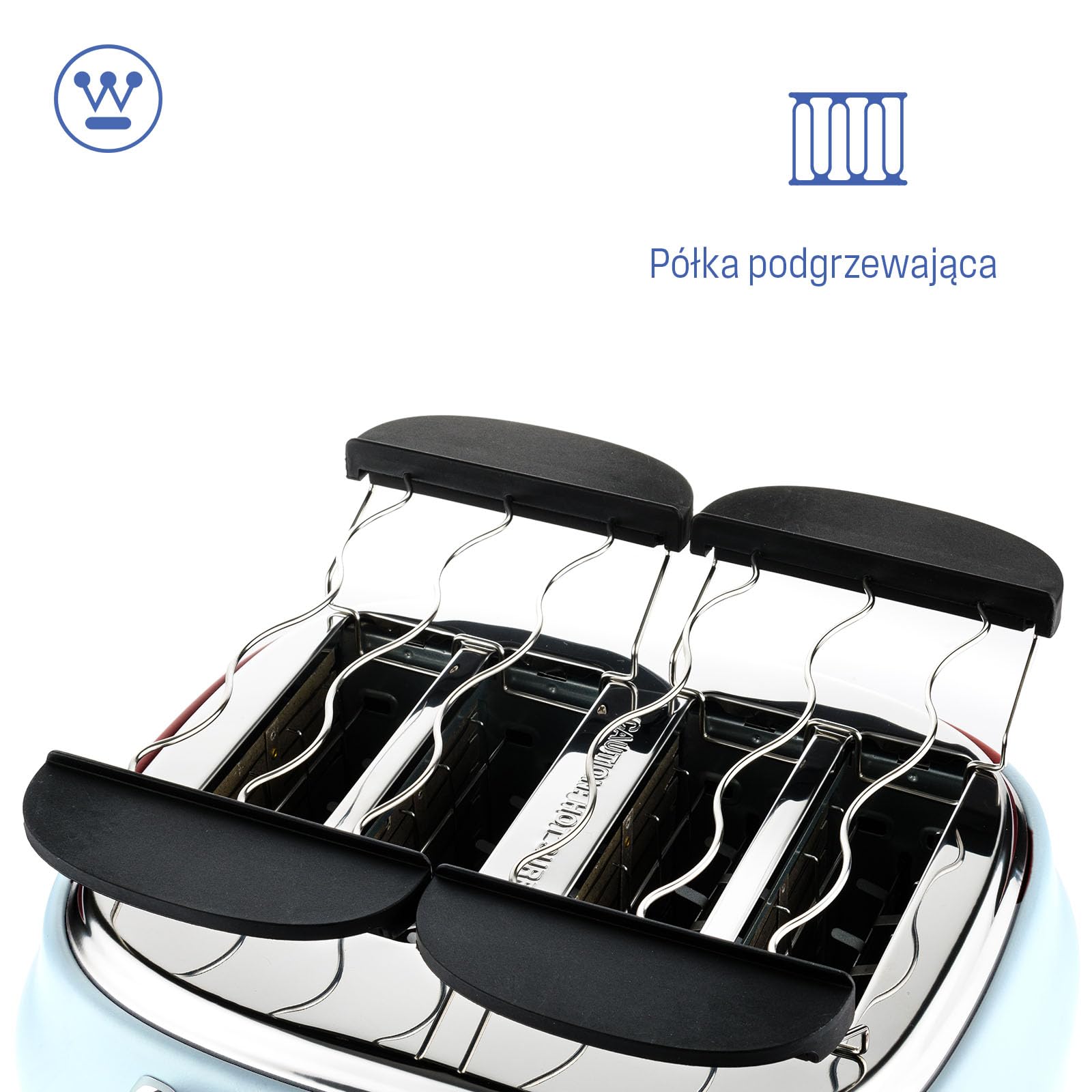 Westinghouse Toster w stylu retro, 4 kromki, bardzo szerokie szczeliny, stojak utrzymujący ciepło, 1750 W, niebieski