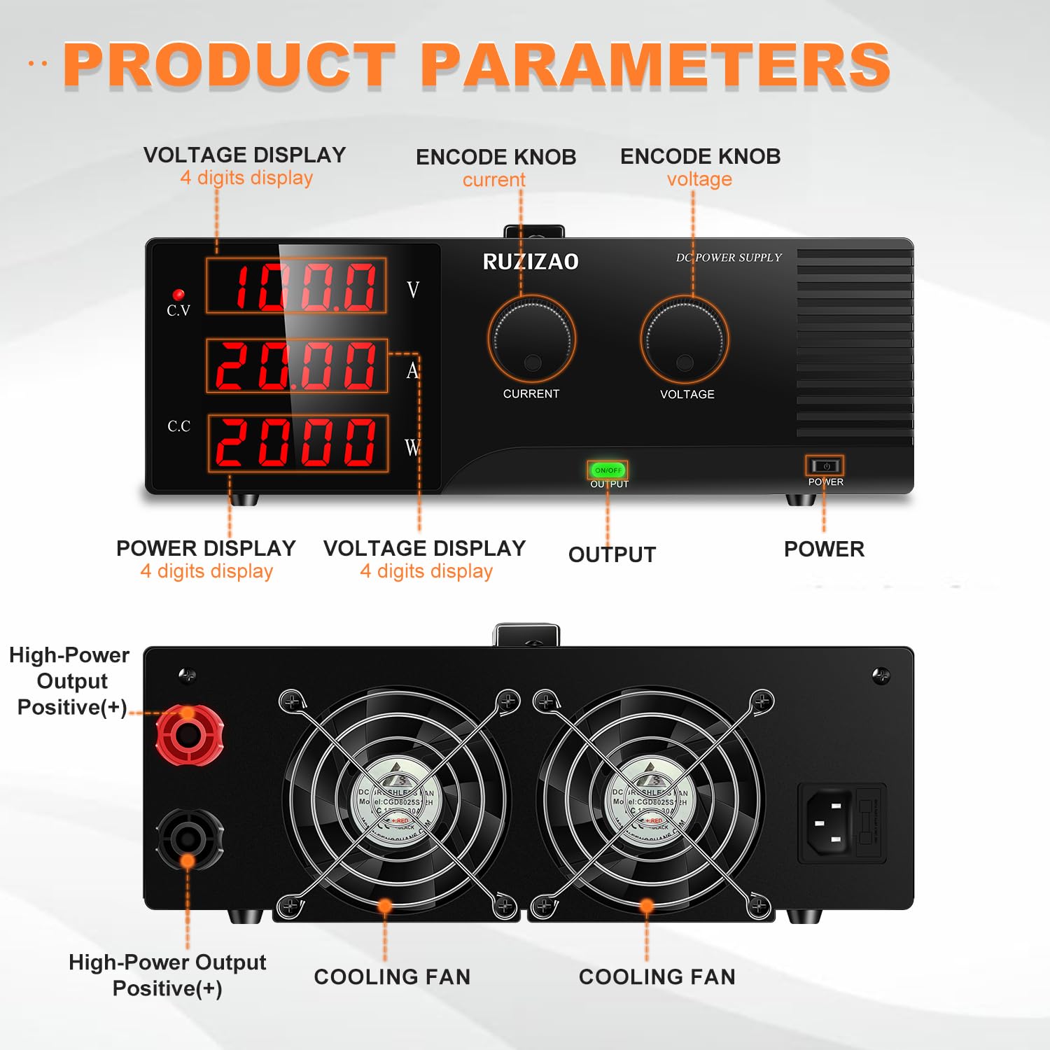 Labornetzteil 100V 20A Labornetzgerät Hochleistungs DC Regelbar Netzgerät Schaltnetzteil 2000W, Labor DC-Stromversorgungen mit Ausgangsschalter Encoderregelung und 4-stelliges LED-Display