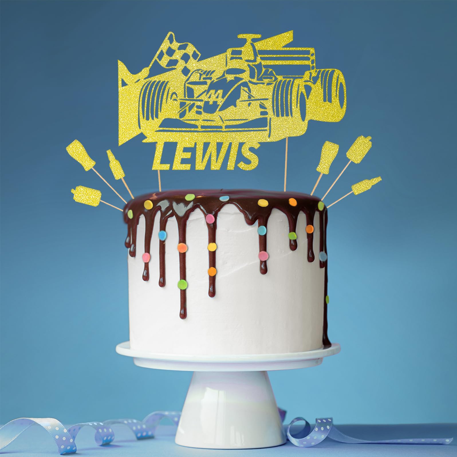 Personalised F1 Motor Racing Car Glitter Cake Topper, Champagne Custom Age & Name Glitter Cake Decoration and Sprinkles - Image 3