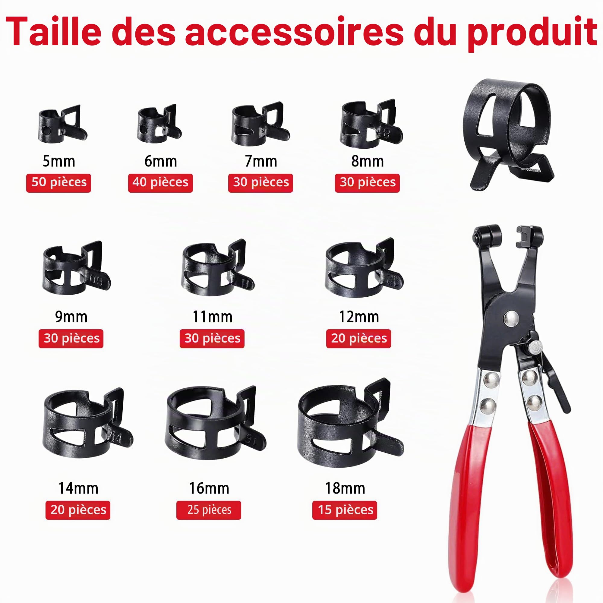 300 Pcs Collier de Serrage Durite, Kit Assortiment 5-18mm en Acier Zingué Haute Résistance avec Pince Spéciale, Collier à Ressort pour Tuyau Carburant, Moto, Voiture, Tuyau d'Arrosage