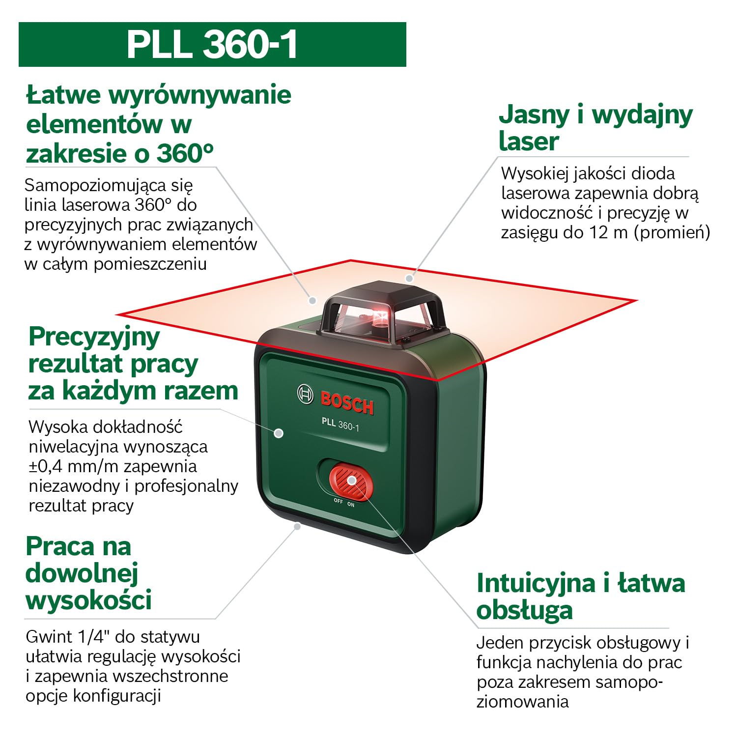 Bosch Laser niwelacyjny PLL 360-1 (samopoziomujący się laser płaszczyznowy 360°, dokładność ±0,4 mm/m, zasięg pracy 12 m, funkcja nachylenia, opakowanie kartonowe E-Commerce)