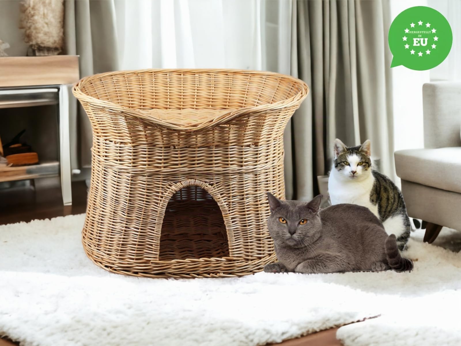 Katzenkorb zum Schlafen – Katzenhütte Indoor – Größe L: 60 cm oval – Katzenhöhle aus Weide – Zweistöckiger Hunde – oder Katzenbett – Natürliche Korbfarbe