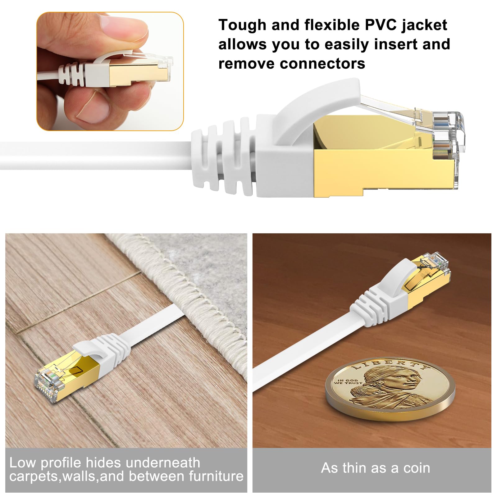 Câble Ethernet Cat. 7 30,5 m haut débit, blindé plat avec clips, plus rapide que le fil LAN Cat6 – Blanc 30 m