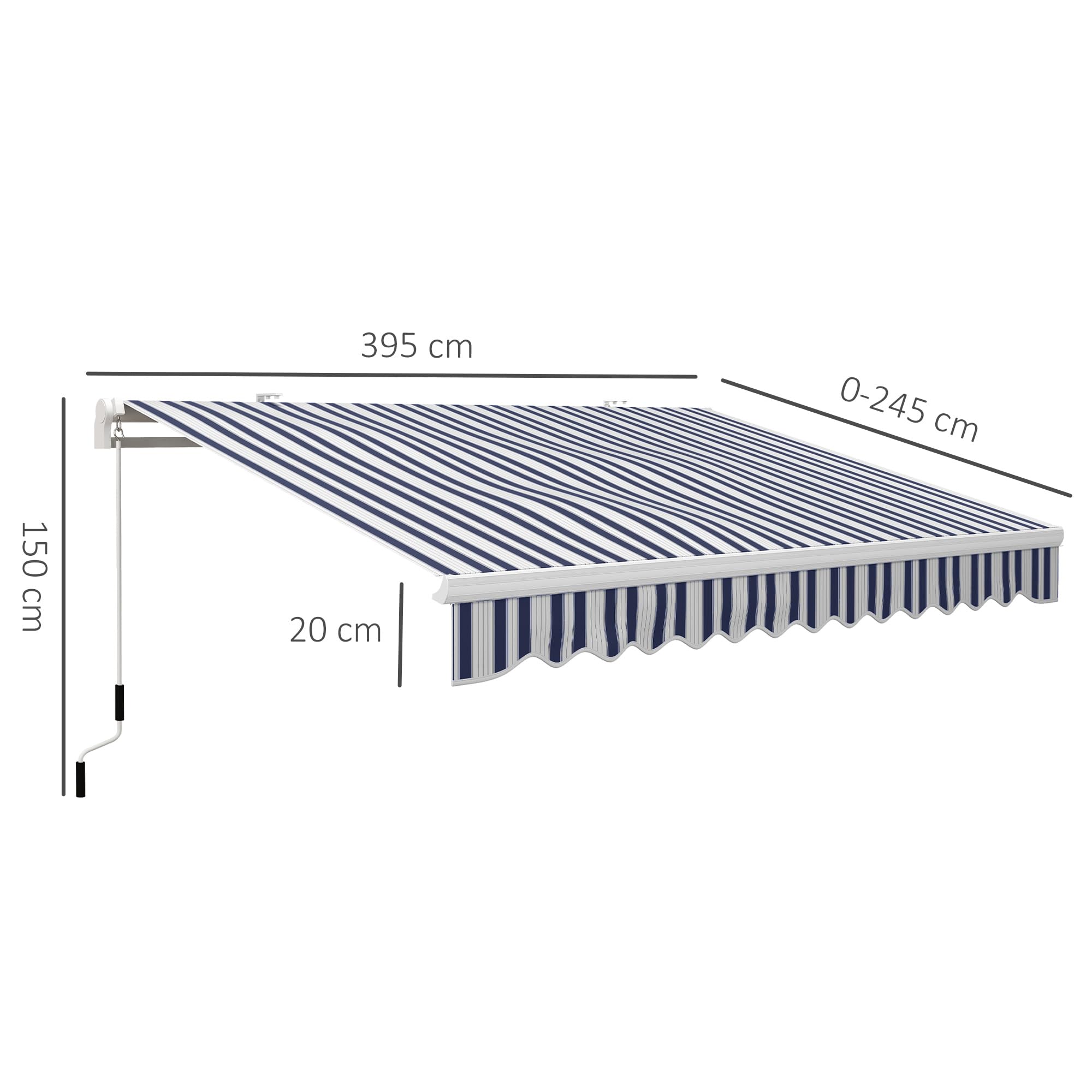 Outsunny Tenda manuale retrattile, 395 x 245 cm, tenda da sole esterna con angolo regolabile, braccio articolato, montaggio a parete, struttura in alluminio, anti-UV e impermeabile, per giardino, blu