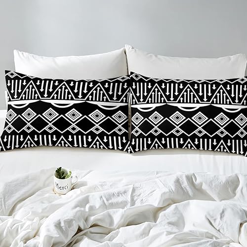 Miniatura 5 de Juego de ropa de cama azteca bohemio, tamaño Queen, funda de edredón en blanco y negro, exótico Morden triangular, funda de edredón de celosía