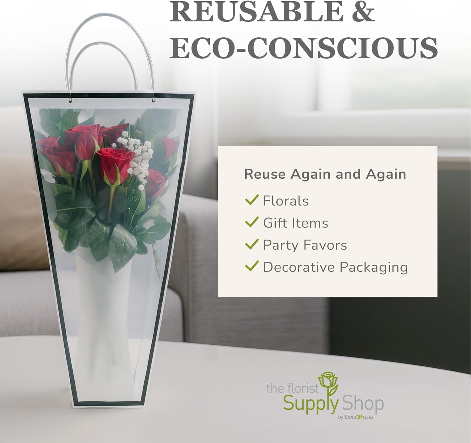 14 Reusable Floral Vase Bag for Bouquets - Portable Flower Bouquet Bags with Ventilation Holes and Ergonomic Handles, Gift-Ready, Tuxedo Black