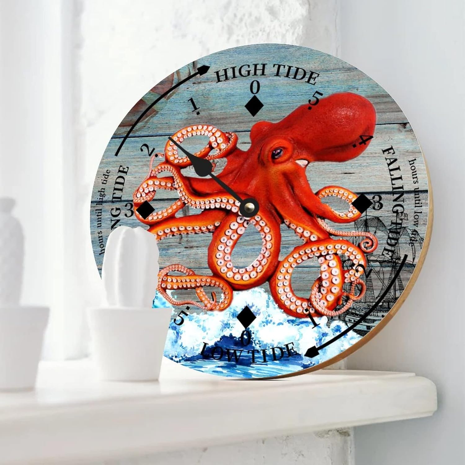 Rustic Wood Tide Clock Ocean Octopus Ocean Time Rustic Wooden Clock Wood Moon Tidal Clock for Wall High and Low Tide Movement Clock for Seaside House Cottage Hotel Camping 15x15 in