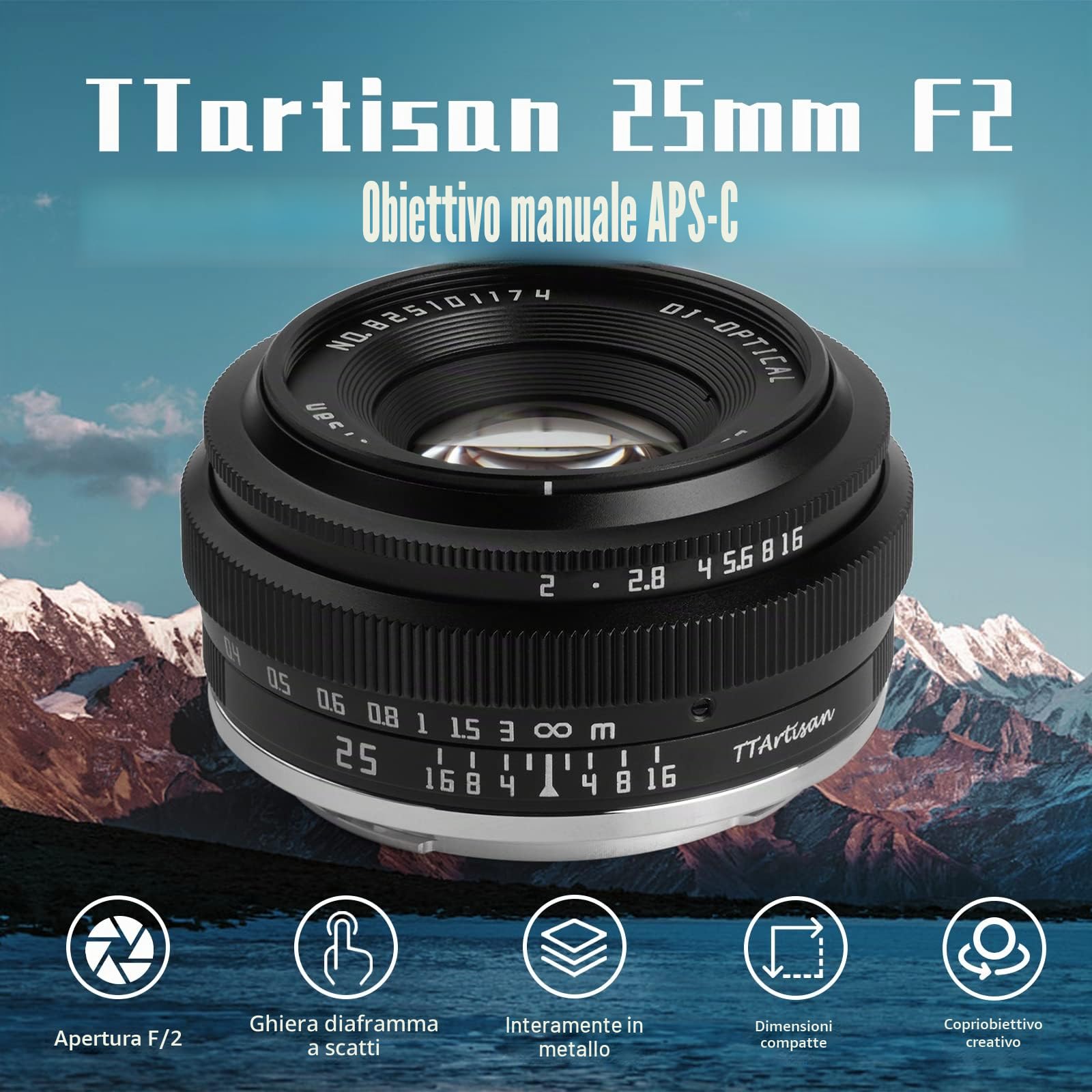 TTartisan 25mm F2 obiettivo grandangolare manuale, compatibile con fotocamere mirrorless Fuji X-Mount X-PRO2 X-E1 X-E2 X-E3 X-H1 X-T1 X-T10 X-T2 X-T3 X-T20 X- T30 X-T100 X-A1 X-A10 X-A2 X-A3 X-A5