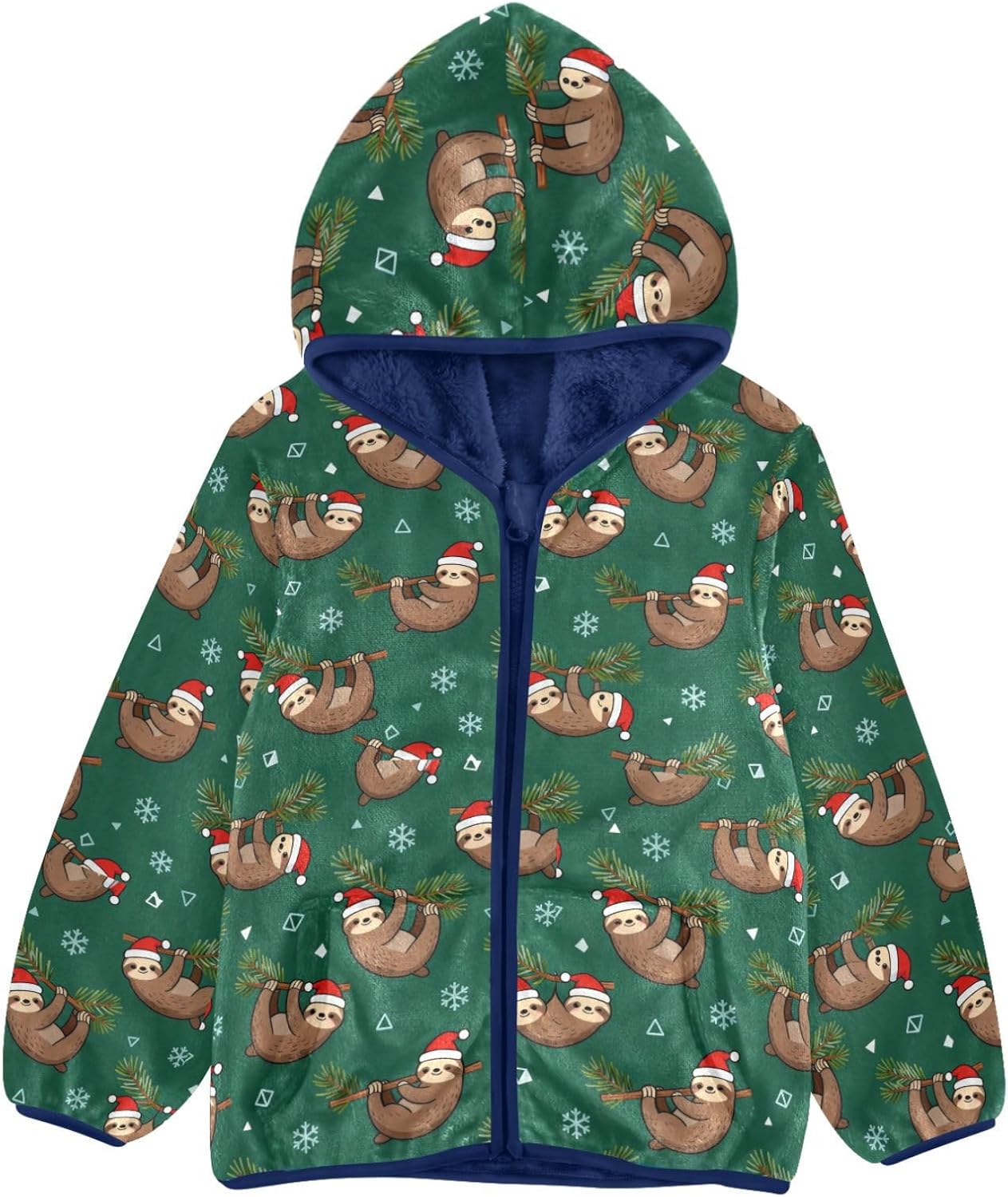 Christmas Sloth Pattern Toddler Spring Jackets Plush Lined Baby Coat Navy Blue Baby Boys Hoodie