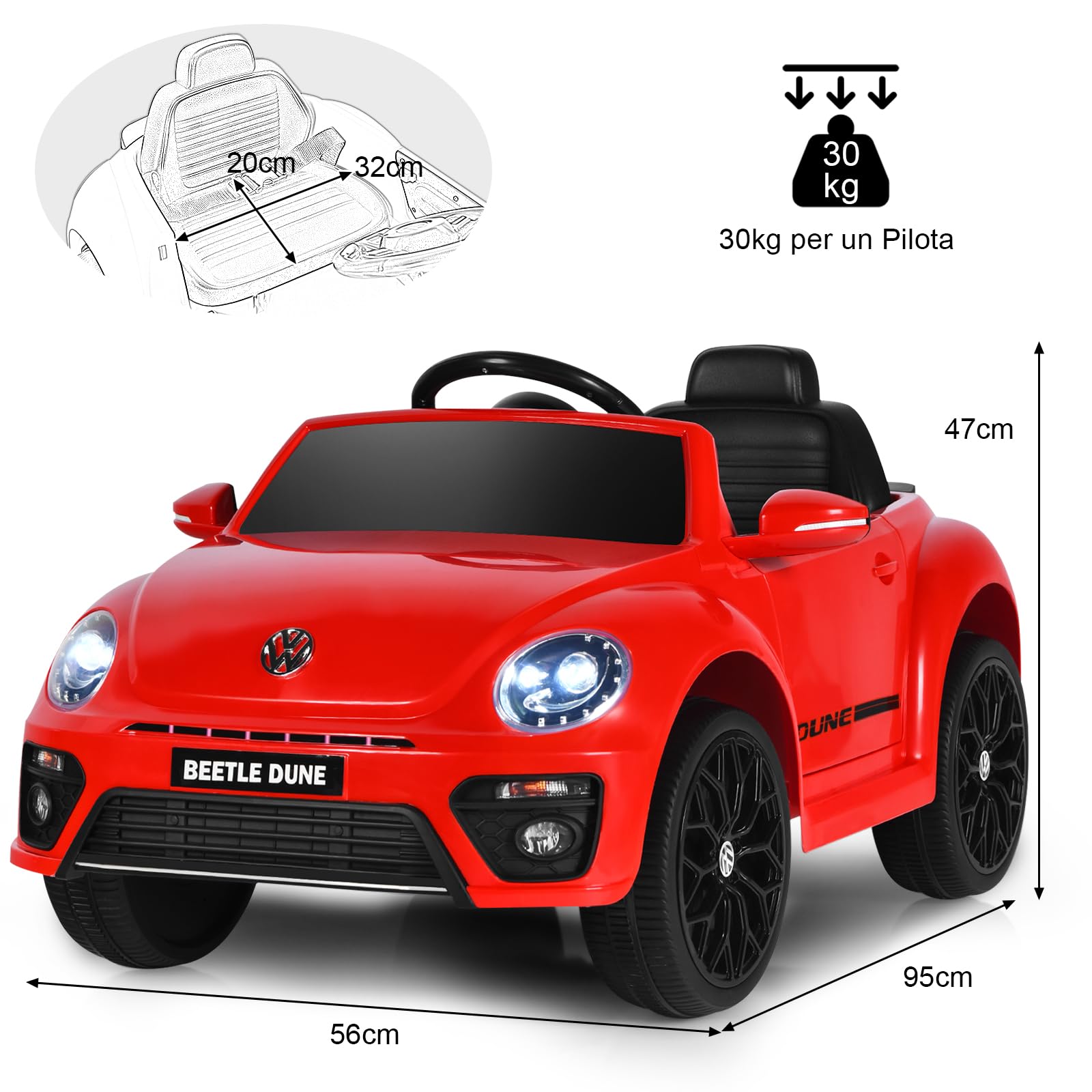 COSTWAY 12V Volkswagen Macchina Elettrica per Bambini, Auto Elettrica con Telecomando Luci Musica Doppia Porta, 5km/h Carico 30kg, per Bambini 3-8 Anni (Rosso)