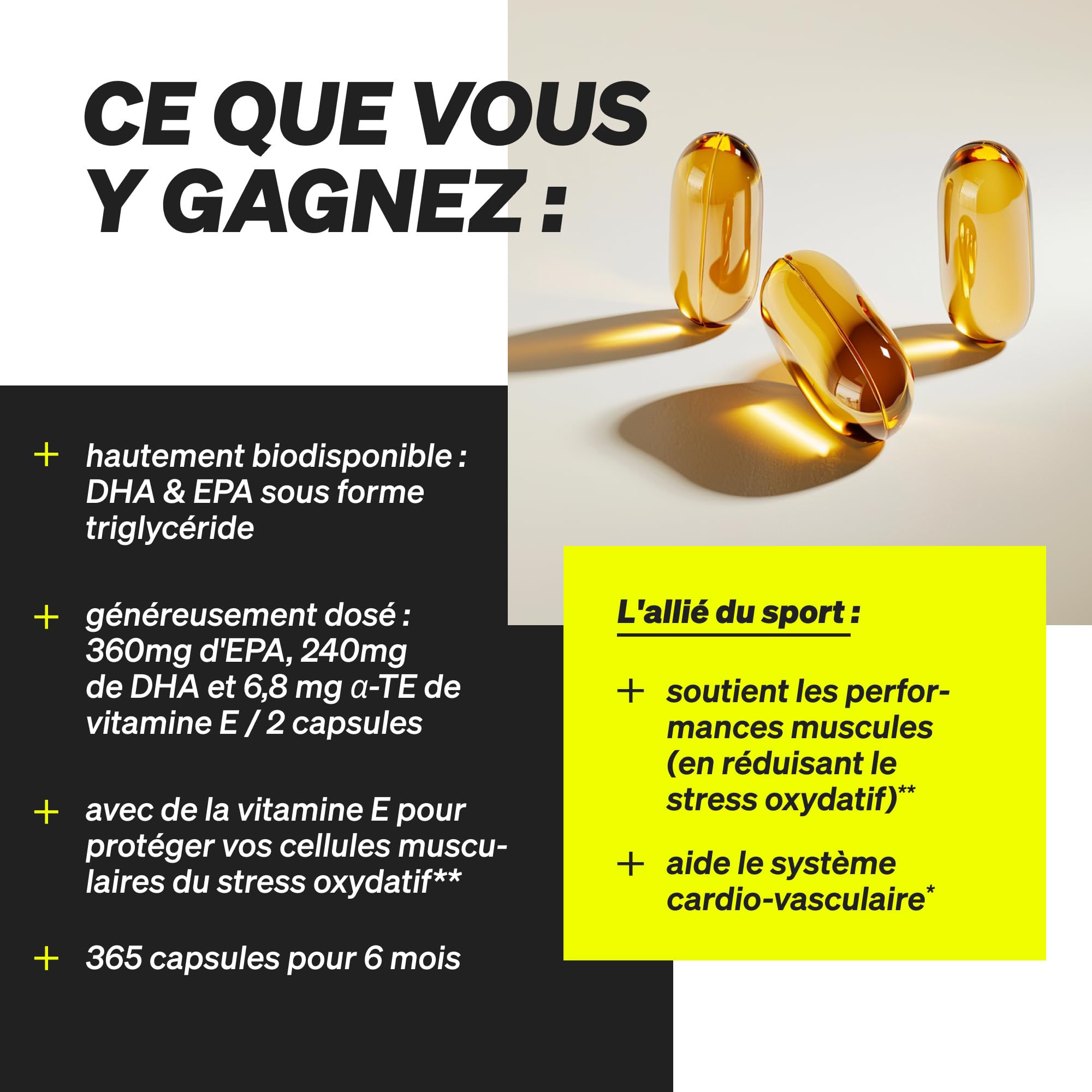 Omega 3 Huile de Poisson 2000mg – 365 Oméga 3 Gélules Hautement Dosées – Huile à Haute Concentration en EPA 360mg & DHA 240mg – Testé en Laboratoire et 100% Pur