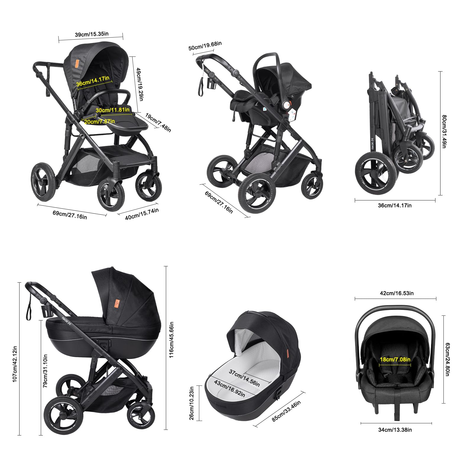 Sistema de viaje, desde recién nacido hasta niño pequeño, todo terreno, plegable con una sola mano, cochecito de bebé de asiento alto, convertible, carrito de bebe 3 en 1