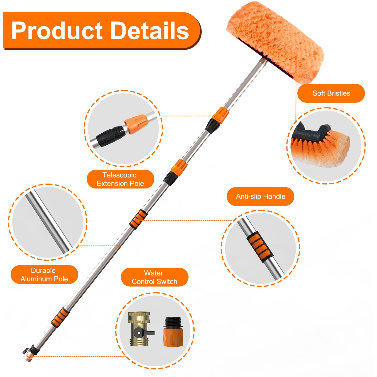 SISUPASSIE Cepillo para Lavar Coches de 3,6 m con Mango Largo, Cepillo de Limpieza para Coches Alimentado por Agua con Poste Telescópico, Cepillo Antirrayas de Cerdas Suaves de 30 cm para Coches