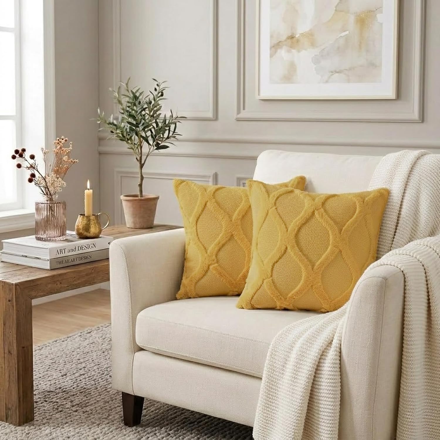  Fall Faux Fur Mustard Yellow Throw Pillow Covers 16x16 Set of 2 thumbnail