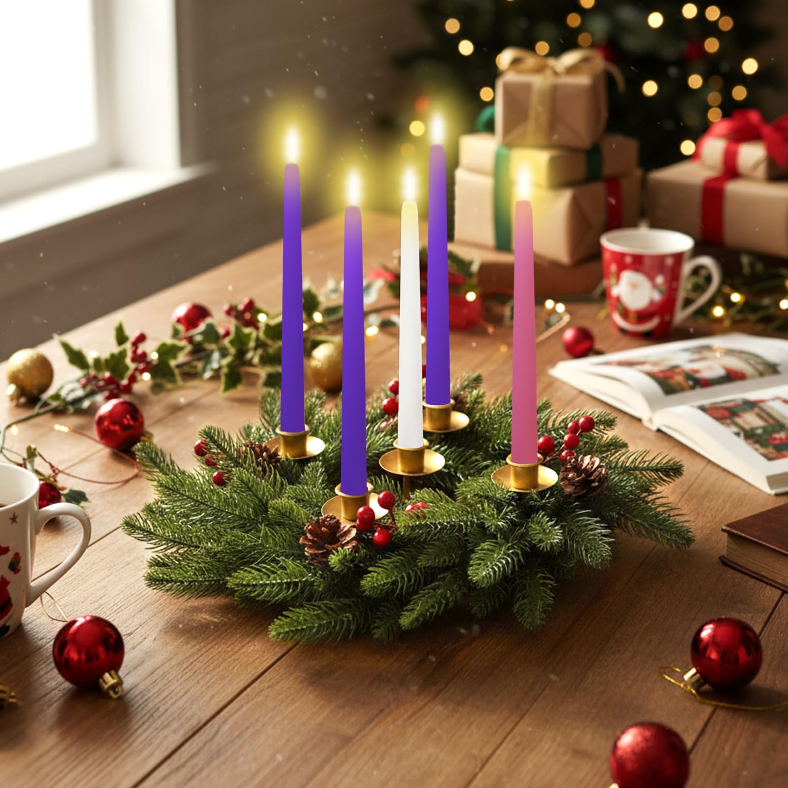 LemonRoad Juego de 2 coronas de Adviento de Navidad de 12 pulgadas, 5 portavelas, decoración de centro de mesa de Navidad con conos de pino, tallo de bayas de acebo para Navidad, decoración del hogar
