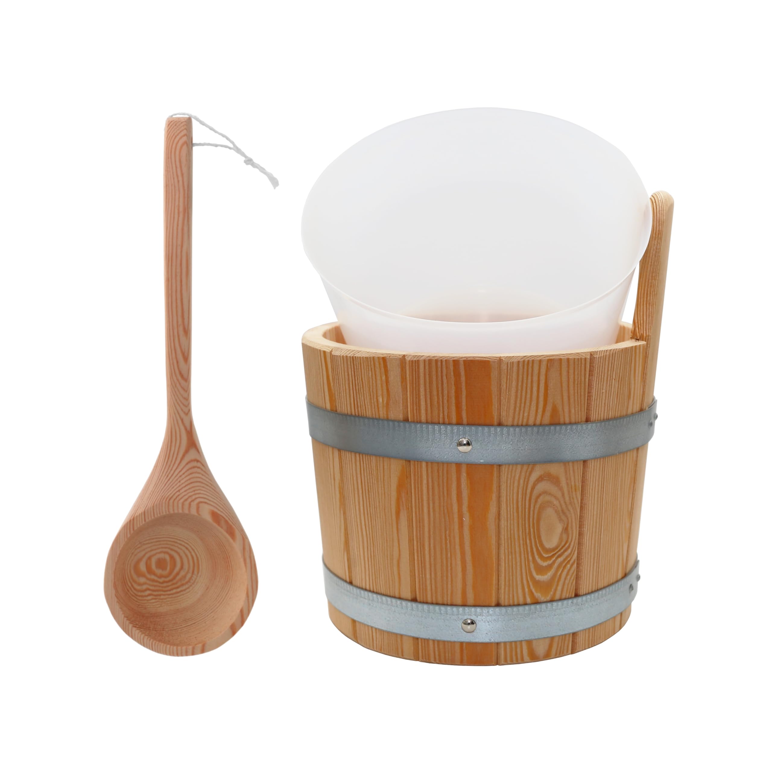 HAF Saunakübel Set Lärche 5 Liter mit Einsatz und 40cm Saunakelle aus Kiefernholz | Feuchtigkeitsresistenter Aufgusseimer | Hochwertiges Sauna Zubehör | Qualität: Made in German
