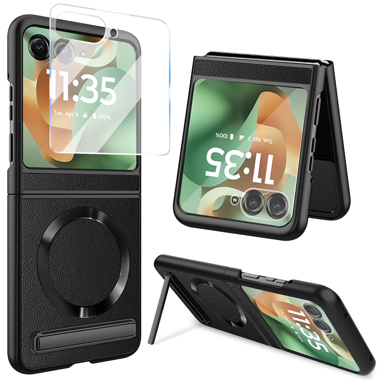 Haeuorey for Motorola Razr 2025/2024 Case [Built-in Screen Protector & Kickstand] [Compatible with Magsafe] Slim Thin PU Leather Shockproof Cover