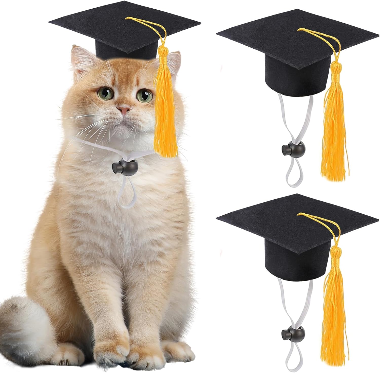 2 Pack Mini Graduation Caps with Yellow Tassels, Small Animal Bachelor Hats for Cats and Dogs, Adjustable Pet Graduation Photo Props and Holiday Costume Accessories