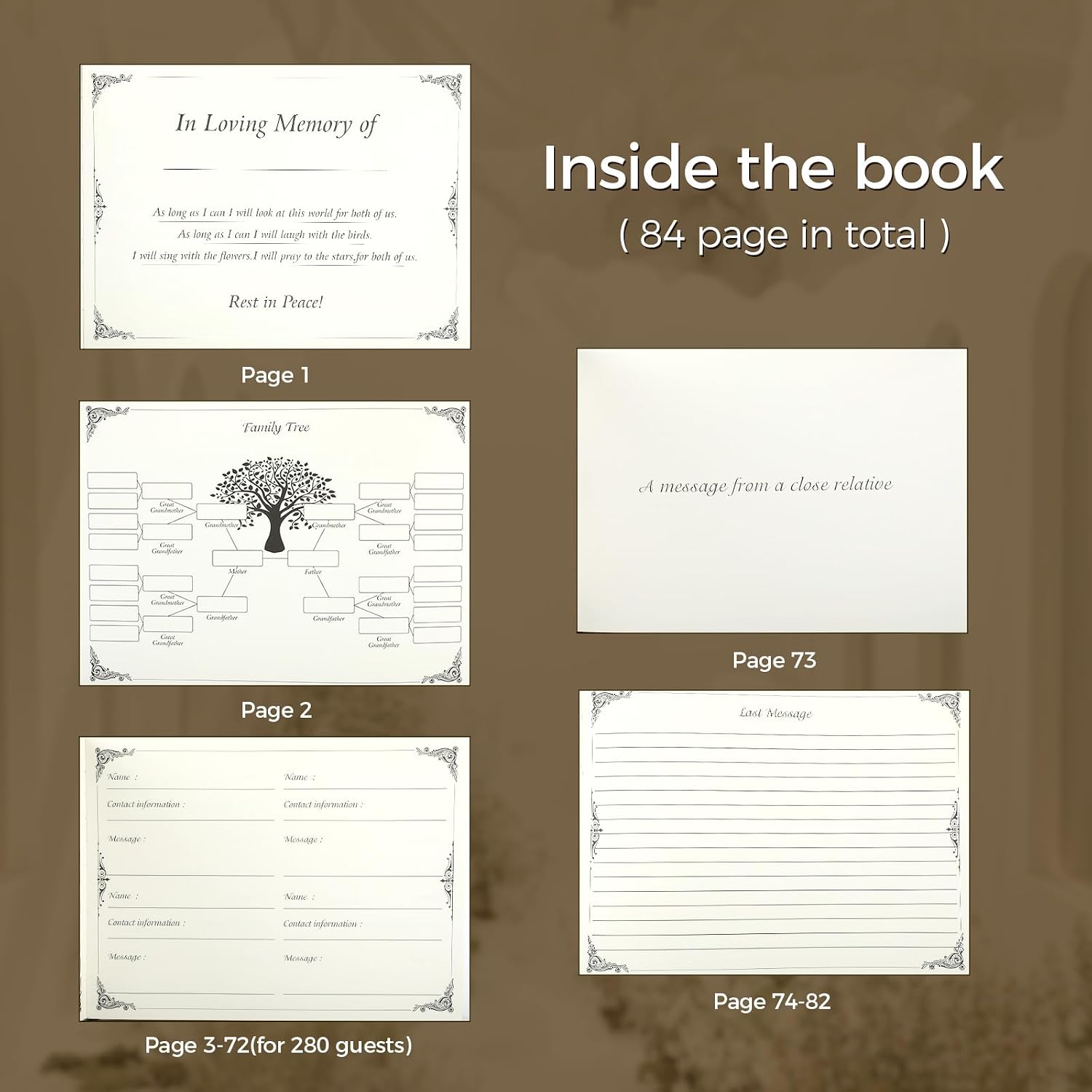 Funeral Guest Book - Celebration of Life Funeral Guest Book with Pen & Sign Card, Memorial Guest Book with Hardcover for 280 Guests - Space for Name, Address, Prayers, Memories & Family Tree