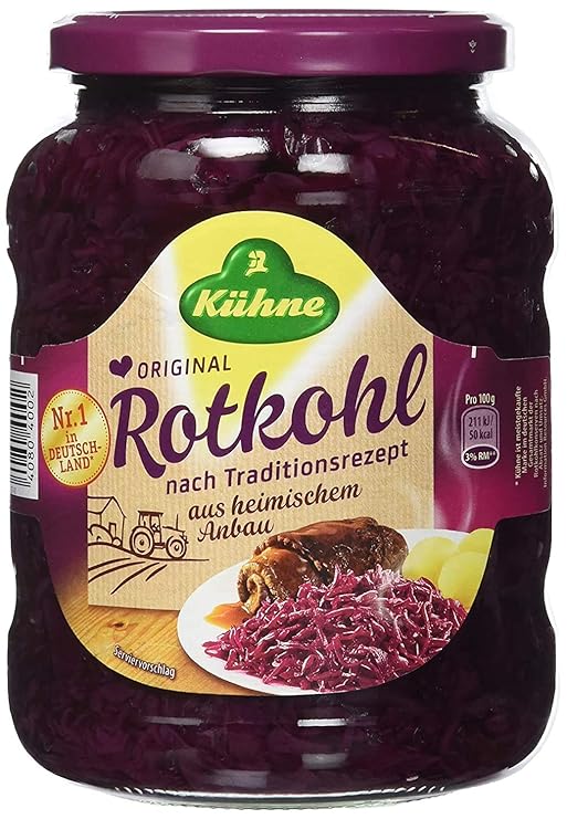Jar of Kuhne Rotkohl Original Red Cabbage (680g) from Germany, ready to serve.