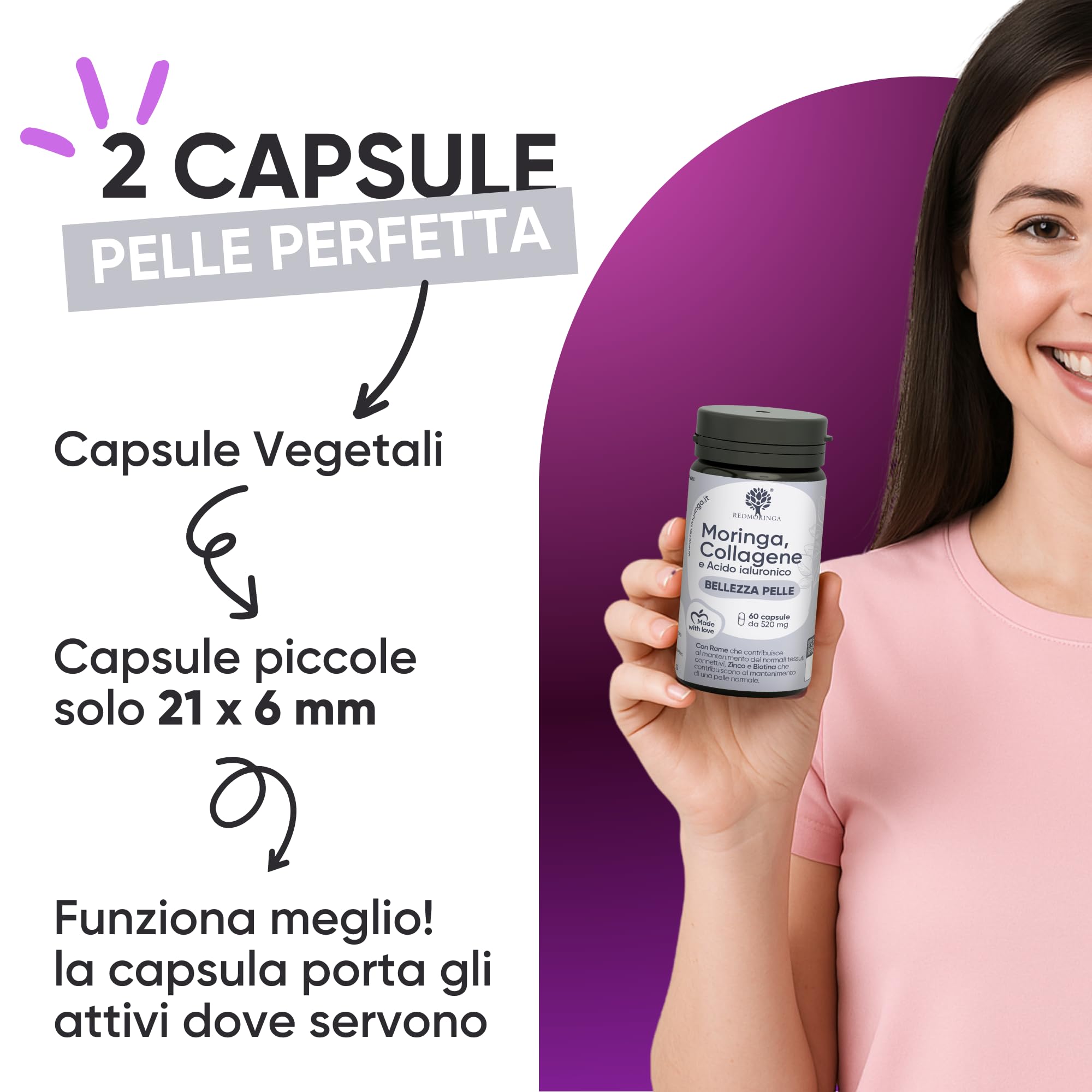 Collagene Marino Idrolizzato potenziato con Moringa BIO contro Radicali Liberi – Acido Ialuronico, Zinco, Biotina, Rame, Vit. A B2 B3 C – Integratore Pelle e Articolazioni – 60 Capsule | RedMoringa