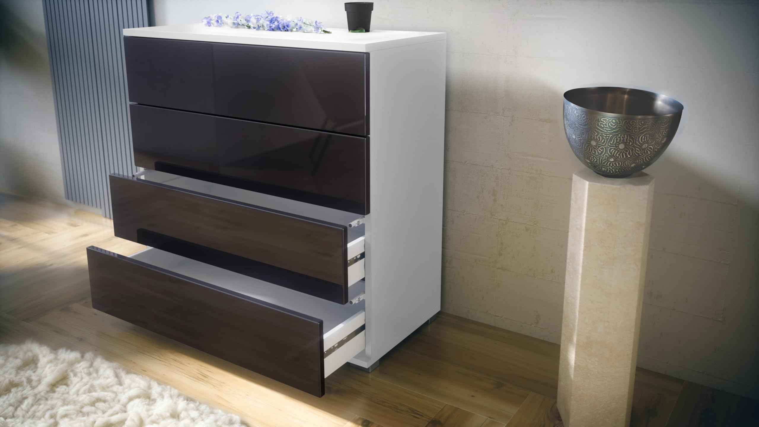 Vladon Kommode Pavos V3, Sideboard mit 4 Schubladen Weiß matt/Weiß Hochglanz (76 x 76 x 35 cm)